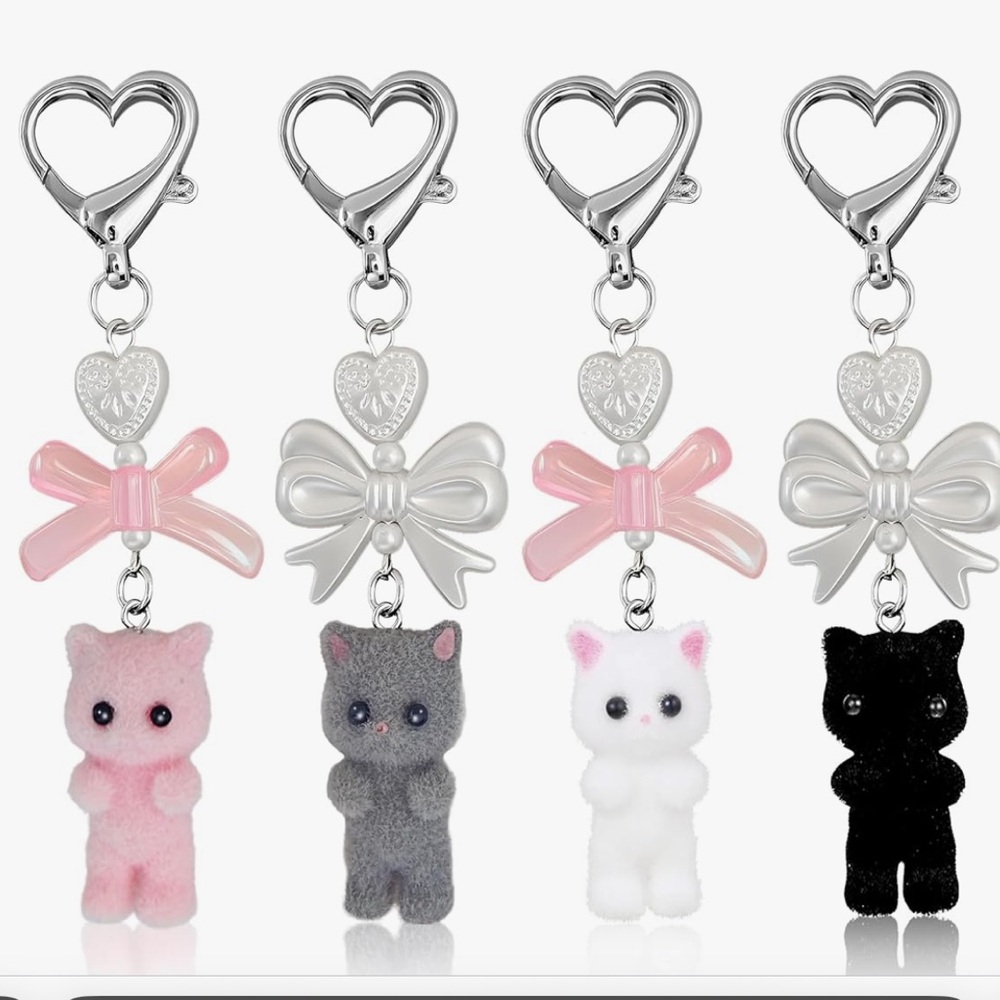 🆕 4 Pcs Cute Cat Keychain, Fuzzy Decor Gifts, Y2K Heart Bow Pendant, Women's